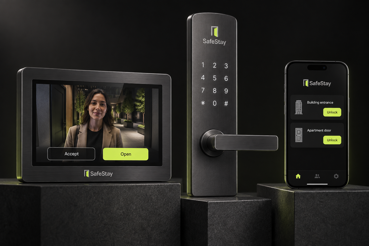 SafeStay puuteekraan, korteri nutilukk ja mobiilirakendus tumedatel stuudioalustel
